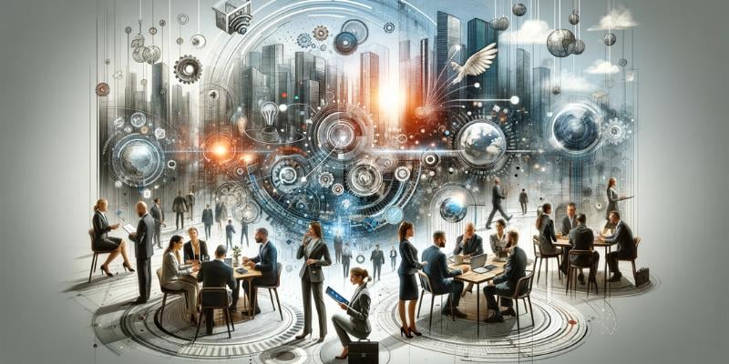 A dynamic corporate environment illustrating digital transformation in the private sector. The image features a diverse group of business professionals discussing strategies, surrounded by elements symbolizing innovation and technology, including digital networks and modern devices. The backdrop showcases a futuristic cityscape, reflecting a high-tech corporate setting.