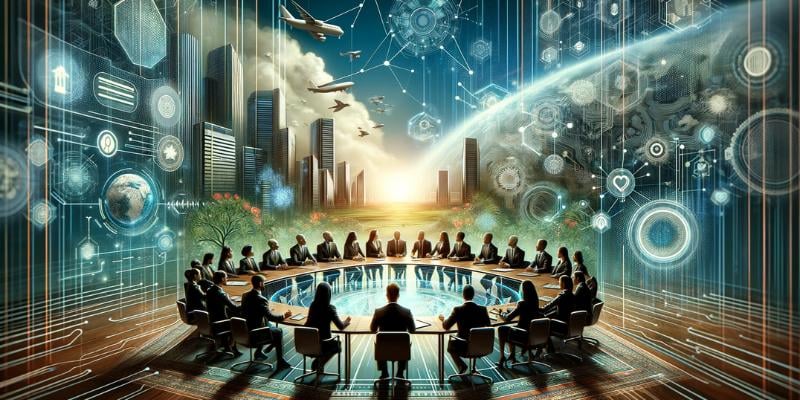 An image representing the importance of securing support in digital transformation, featuring a high-tech corporate setting. A roundtable of diverse business leaders are shown making decisions, with symbols of collaboration such as handshakes and unified digital interfaces. The background blends traditional and digital landscapes, symbolizing the transition from old to new technologies.