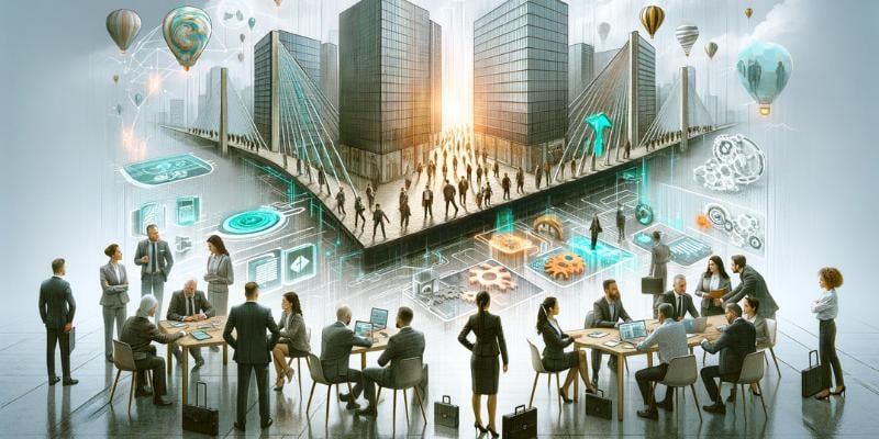 A realistic scene depicting diverse business professionals, some hesitant, engaging with visionary leaders in a corporate setting. The image includes a bridge connecting traditional and digital methods, and a group discussion around a digital table with futuristic elements, symbolizing the transition and adaptation process in managing resistance to change.